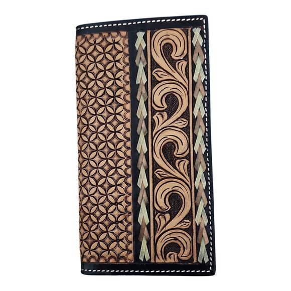 Western Rodeo Wallet Tooled Leather Floral Geometric Rawhide Lacing Light Oil - Picture 1 of 6